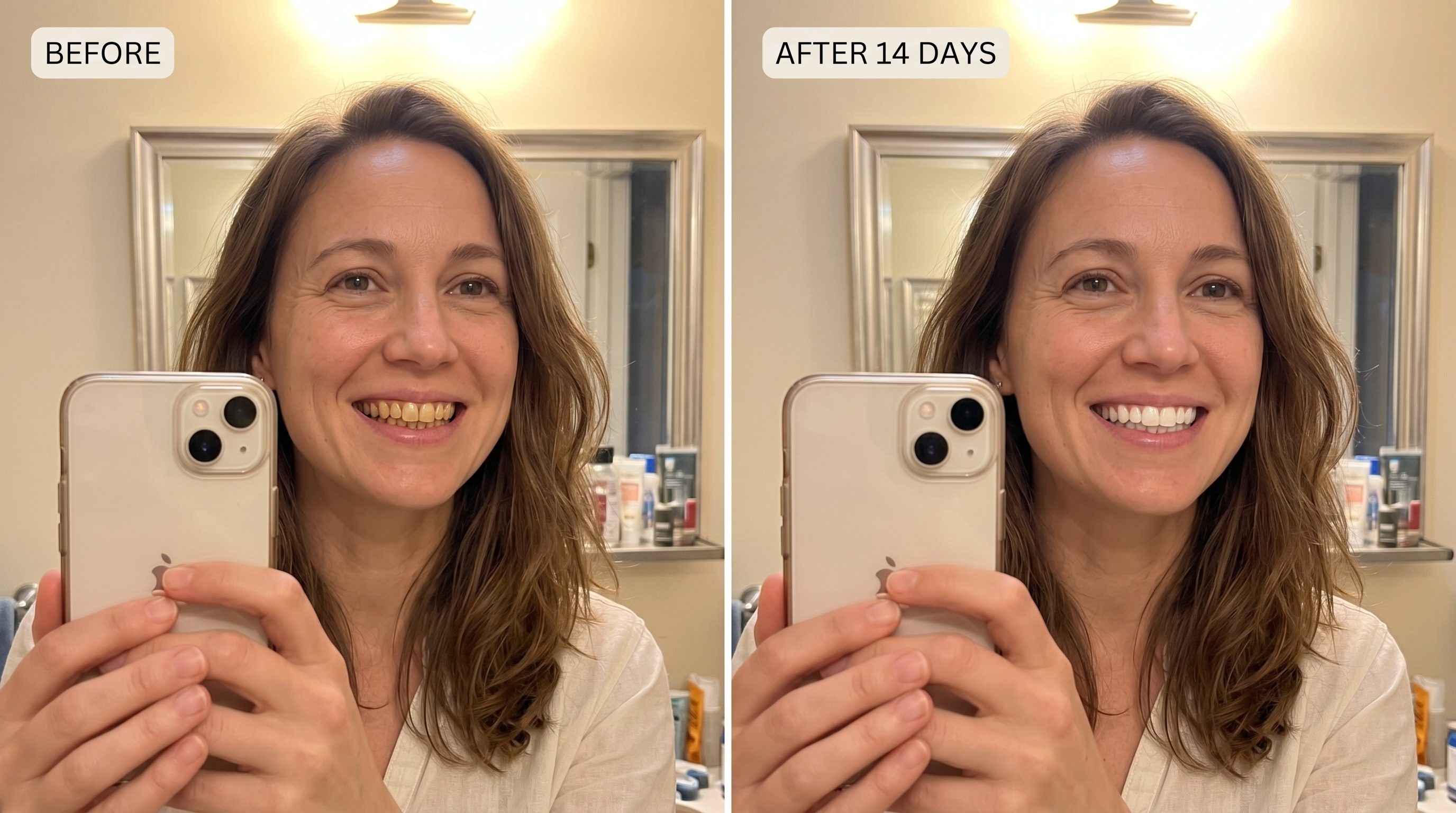 My own teeth before and after 14 days of GleamMint use