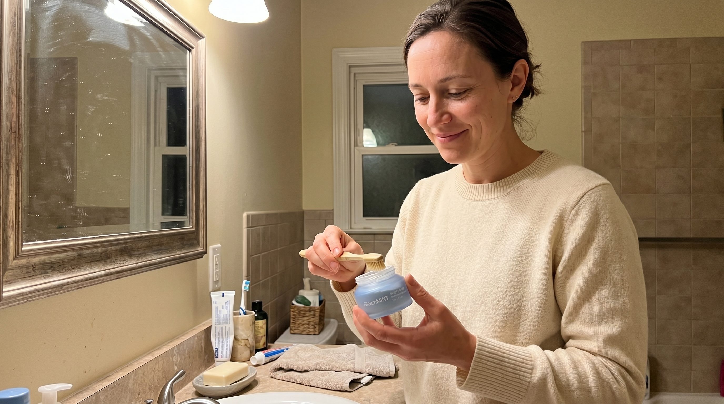Me using the jar that first morning in my bathroom